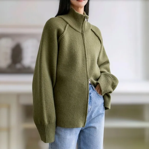 Zippered Mock Neck Cardigan ▪︎ Army Green ▪︎ LG - Picture 1 of 16